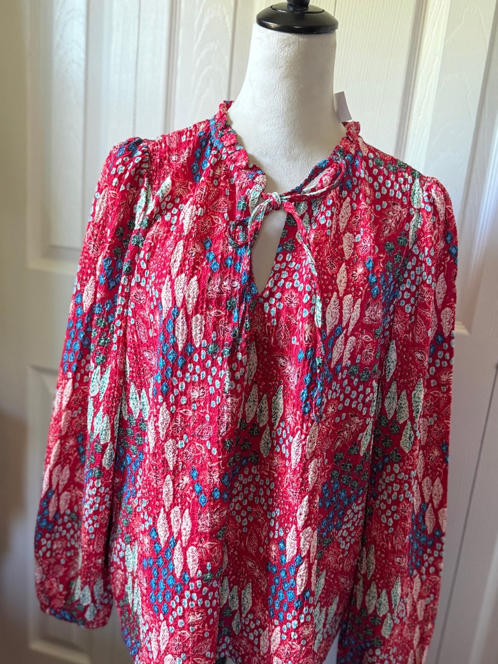 LOFT Red Floral Tie-Neck Blouse